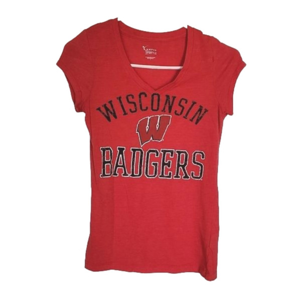WISCONSIN BADGERS Red Short Sleeve V-Neck Tee with Logo - Picture 1 of 2
